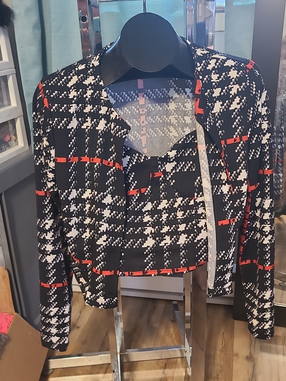 Women’s Black & White Houndstooth Jacket with Red Accent